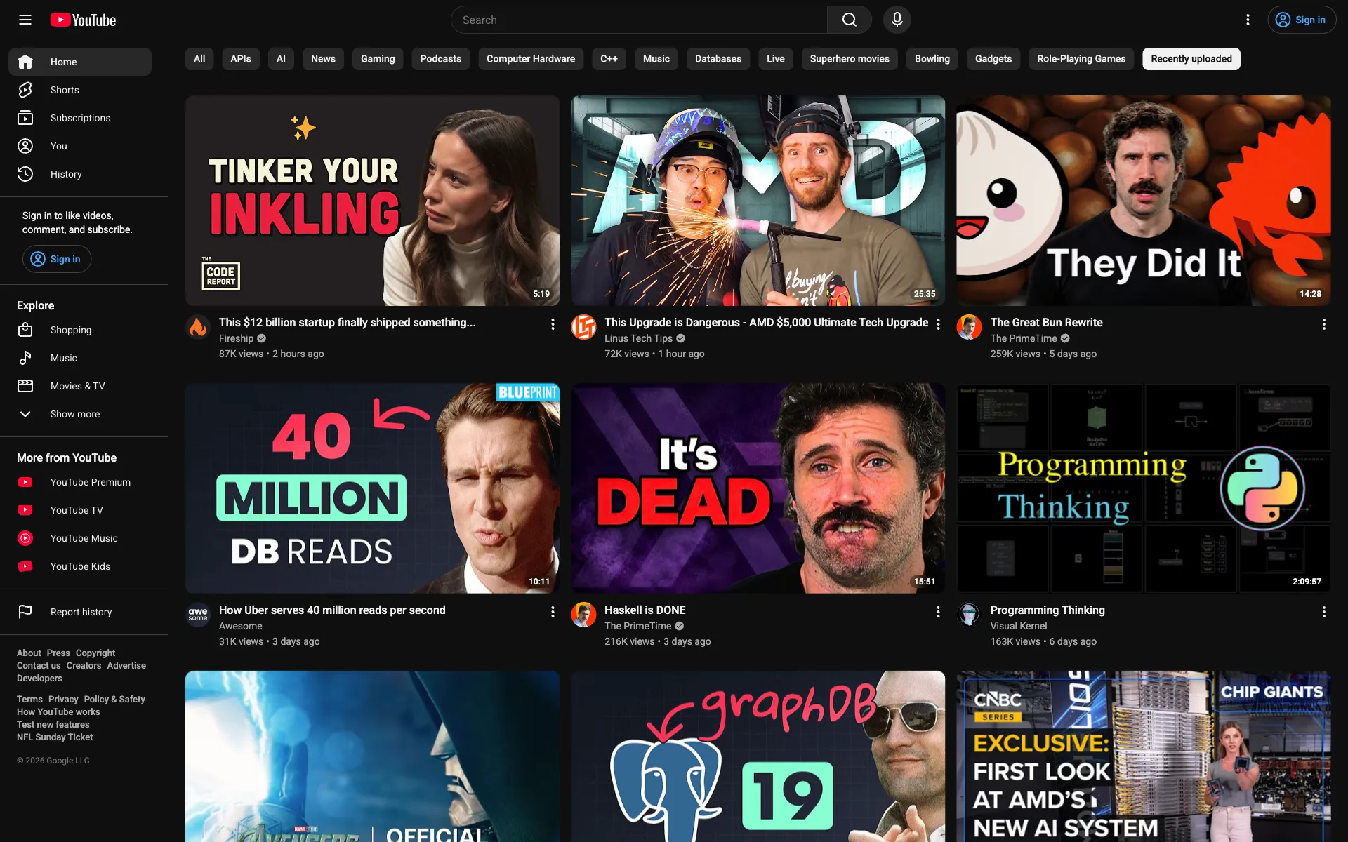The standard YouTube homepage filled with recommended videos and Shorts
